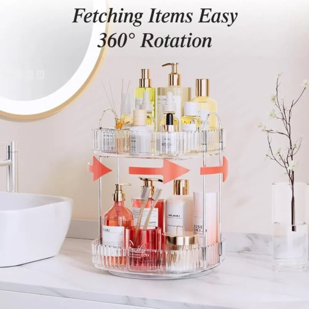 New Rotating 2-Tier Bathroom Organizer, Clear Large Capacity Vanity Storage Rack